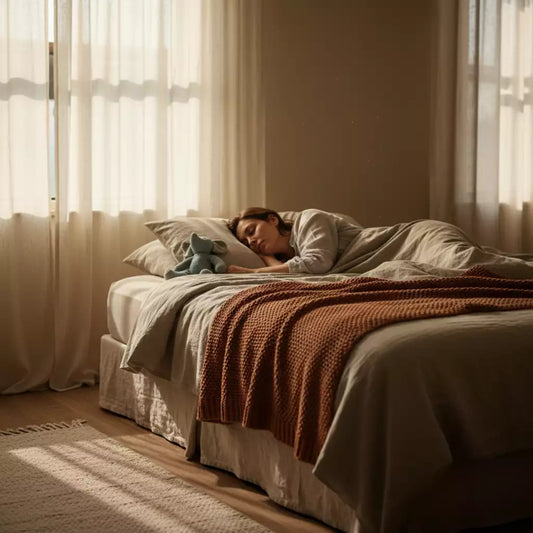 Woman peacefully sleeping in a cozy bedroom with natural sunlight, soft bedding, and a warm blanket, symbolizing restful sleep and wellness.