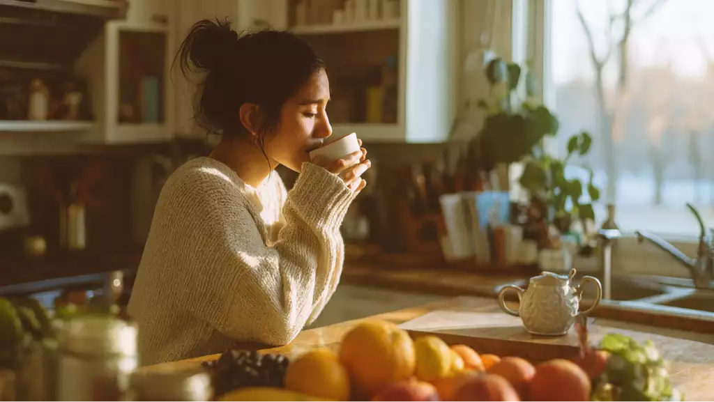 Woman enjoying morning tea in a cozy winter kitchen filled with natural light and fresh fruit.