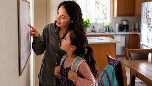 Parent and child reviewing a morning routine calendar in a bright kitchen before the school year starts
