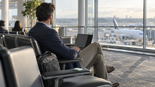 Business traveler at an airport gate with a small pack of vitamin strips