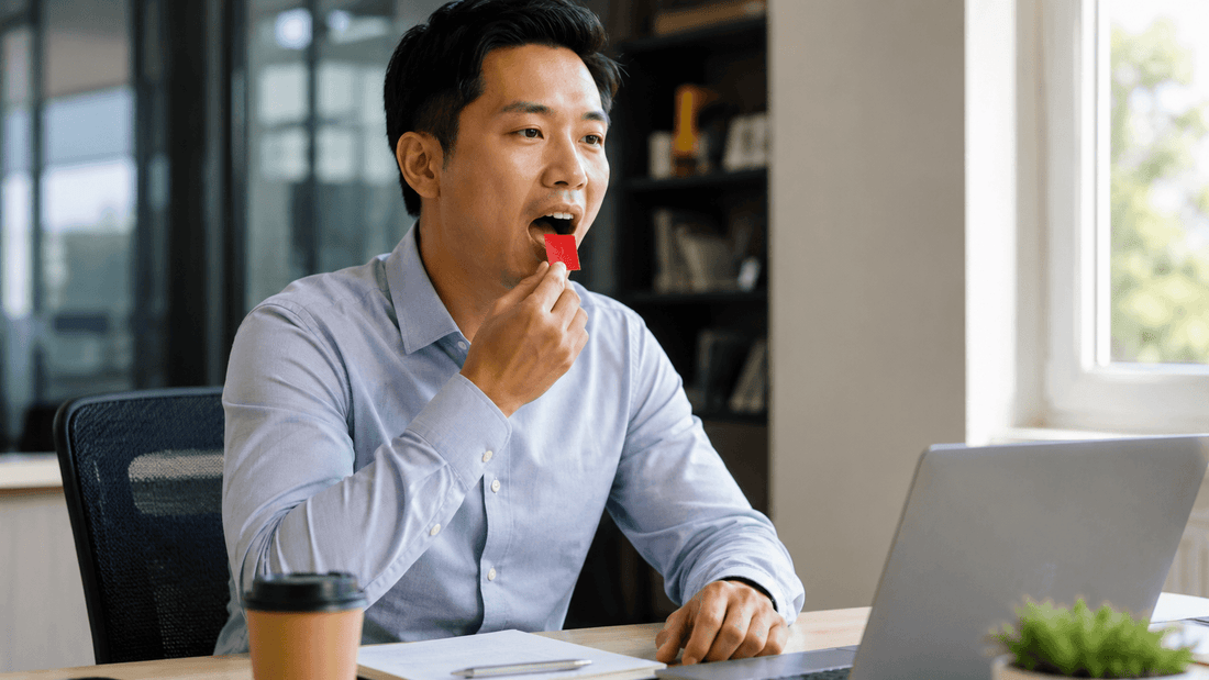 Person at a desk placing a thin oral strip on their tongue during an afternoon work slump 