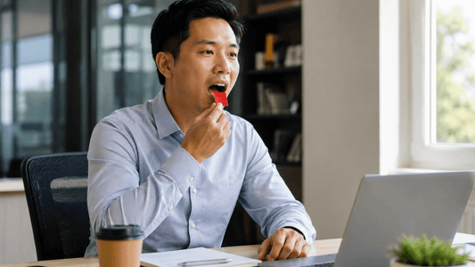 Person at a desk placing a thin oral strip on their tongue during an afternoon work slump 