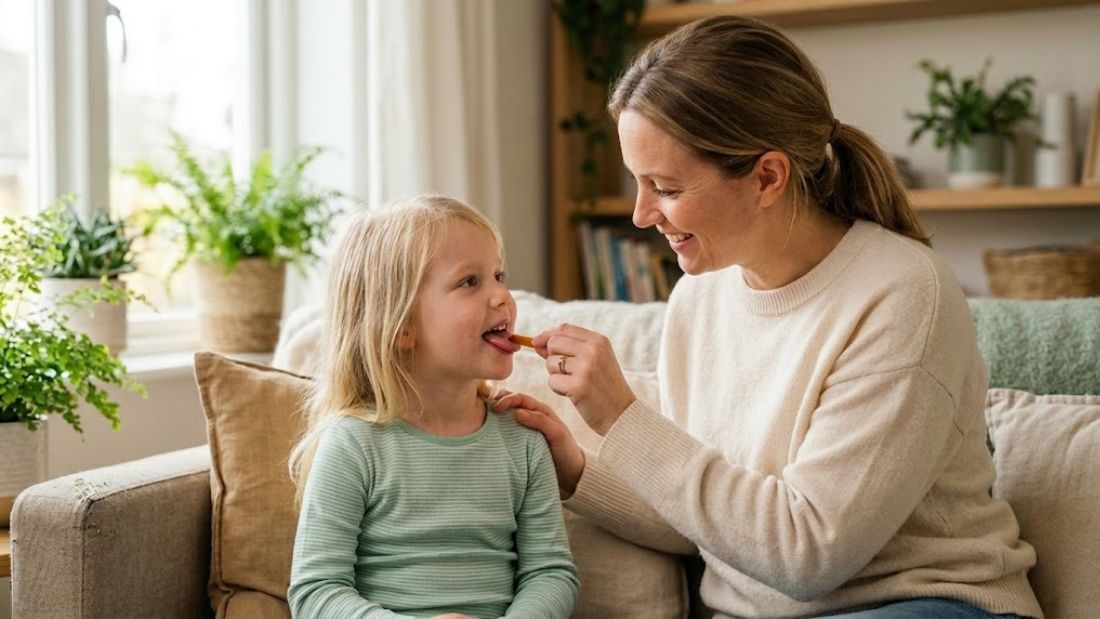 Parent placing a dye-free, children's fever reducer oral dissolving strip on a young child's tongue.