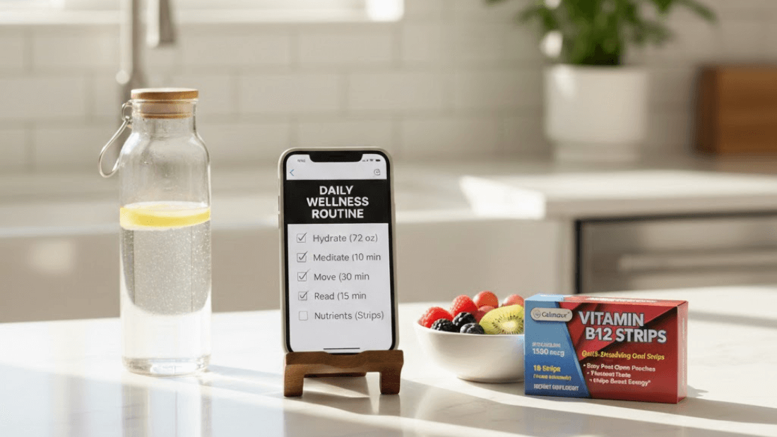 Daily wellness routine checklist with quick-dissolve oral strips on a kitchen counter