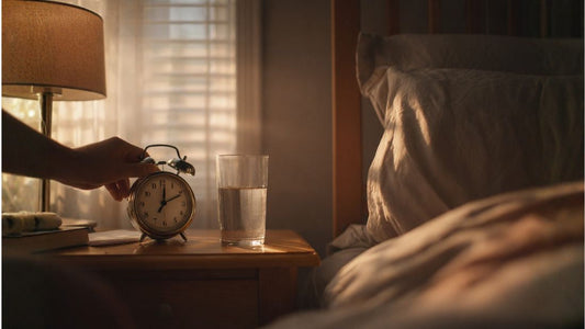 Person adjusting bedside clock showing spring forward time change while maintaining healthy sleep routine