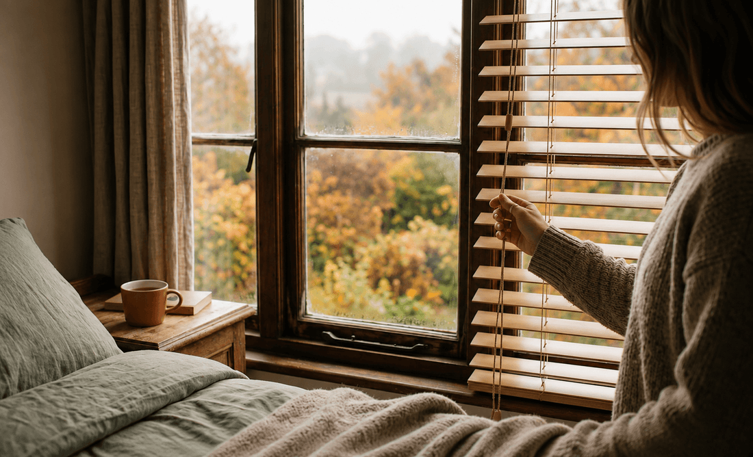  Bedroom window with a person adjusting the blinds in early morning autumn light 
