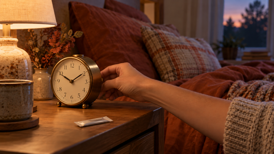 Bedroom nightstand clock being adjusted for daylight saving time