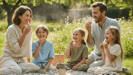 Family outdoors holding immunity strips in natural sunlight