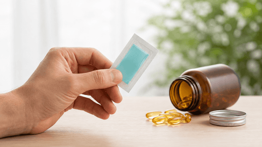 Person placing a mint oral dissolving strip on their tongue instead of a softgel capsule 
