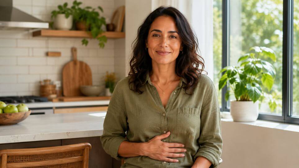 Person resting their hand calmly on their abdomen in a bright kitchen, representing digestive comfort support while on GLP-1 medication 