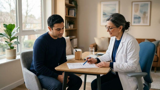 Person reviewing bloodwork results with a doctor during a GLP-1 medication check-in appointment