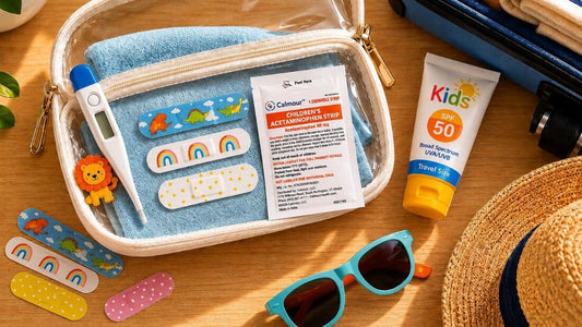A parent's travel pouch with children's medicine strips and travel essentials laid out for summer vacation packing 