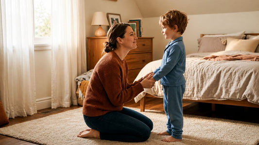 Parent kneeling beside a child at eye level offering a small choice during medicine time