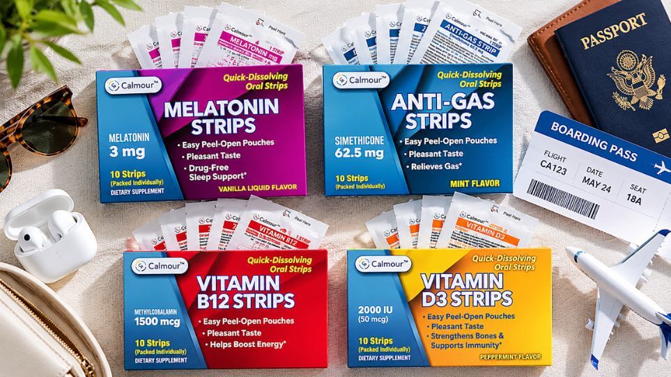 Calmour oral dissolving supplement strips laid out next to a passport and boarding pass, ready for a long-haul flight 