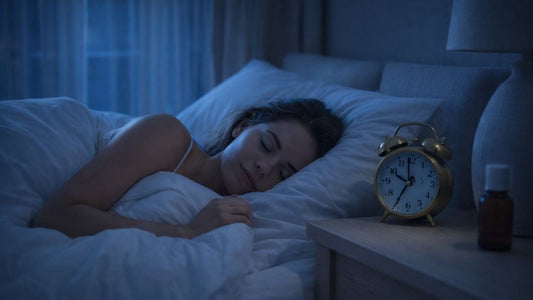 Woman peacefully sleeping in bed with alarm clock showing night time, representing melatonin's natural sleep support duration