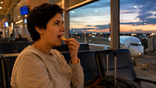 Person placing a melatonin oral dissolving strip on their tongue at an airport gate before a long-haul flight