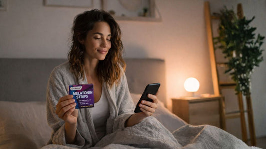 Woman holding melatonin supplement bottle while reading about nightly use safety