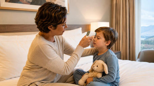  Parent calmly checking a young child's temperature with a digital thermometer in a bright hotel room, prepared for child fever on vacation