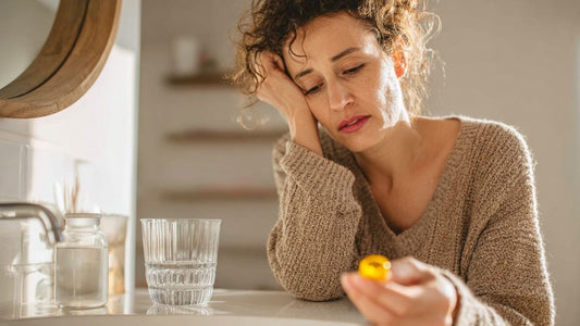 Woman experiencing difficulty swallowing pills showing common pill-swallowing anxiety