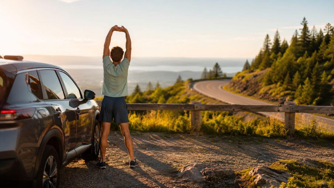 Person stretching outside a car at a highway rest stop on a sunny summer road trip day