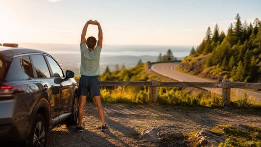Person stretching outside a car at a highway rest stop on a sunny summer road trip day