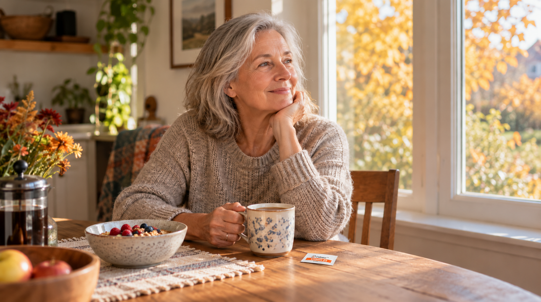  Older adult taking an oral dissolving vitamin strip at breakfast
