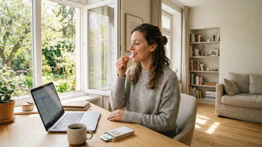 Busy professional using oral dissolving strip near open window in spring sunlight for daily wellness and seasonal comfort