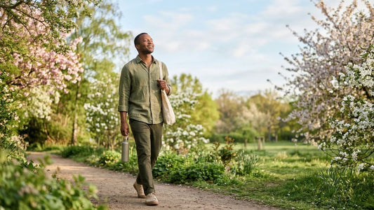 Spring wellness routine outdoors with sunlight, hydration, and natural habits supporting the body without detox supplements