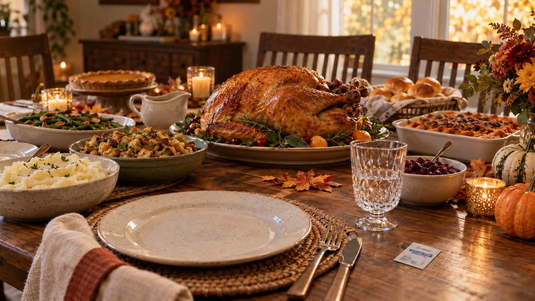 hanksgiving dinner table with a small pack of Calmour Anti-Gas Oral Strips nearby