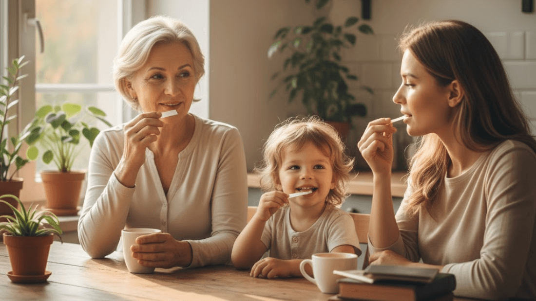 Grandmother, mother, and young child sitting together using oral strips during a calm morning at the kitchen table