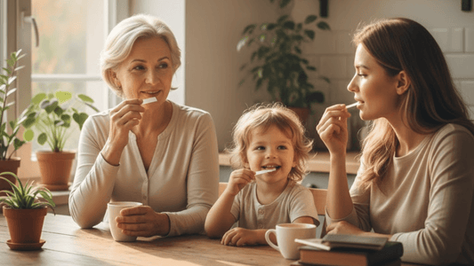 Grandmother, mother, and young child sitting together using oral strips during a calm morning at the kitchen table