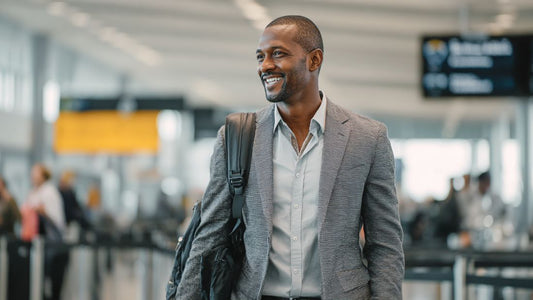 Traveler confidently going through TSA airport security with travel-friendly vitamin supplements