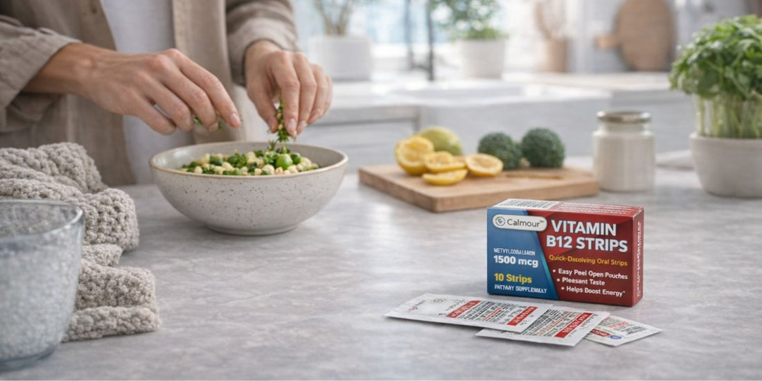 Vegan adult preparing a simple plant-based meal while organizing daily wellness items