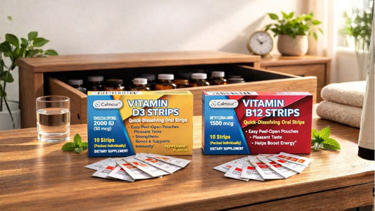 Calmour Vitamin D3 and B12 quick-dissolve strips stored properly in a cool, dark drawer