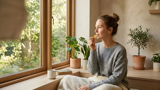 Person sitting by a sunny window looking calm and focused, representing vitamins for mental health support