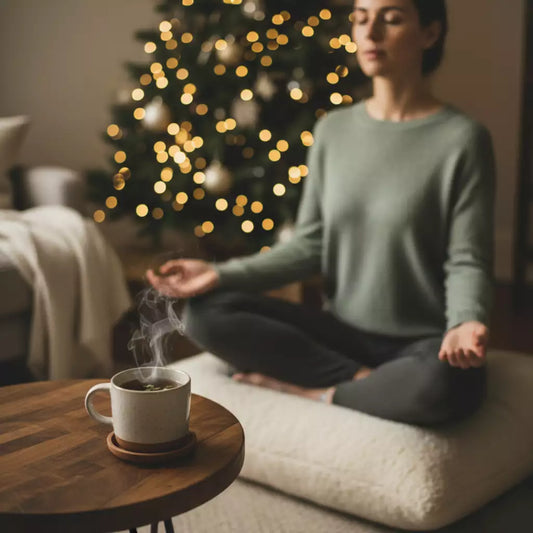Woman practicing meditation in front of a decorated Christmas tree with a cup of tea steaming on a wooden table, promoting calm holiday stress relief.