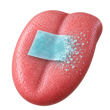 A Calmour strip dissolving on a tongue