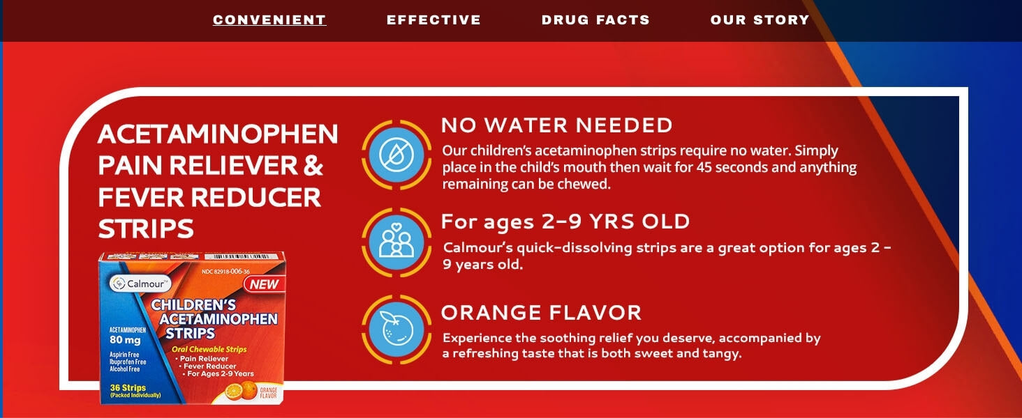 Acetaminophen product features highlighting the orange flavor, age range of 2–9 years, and no water requirement