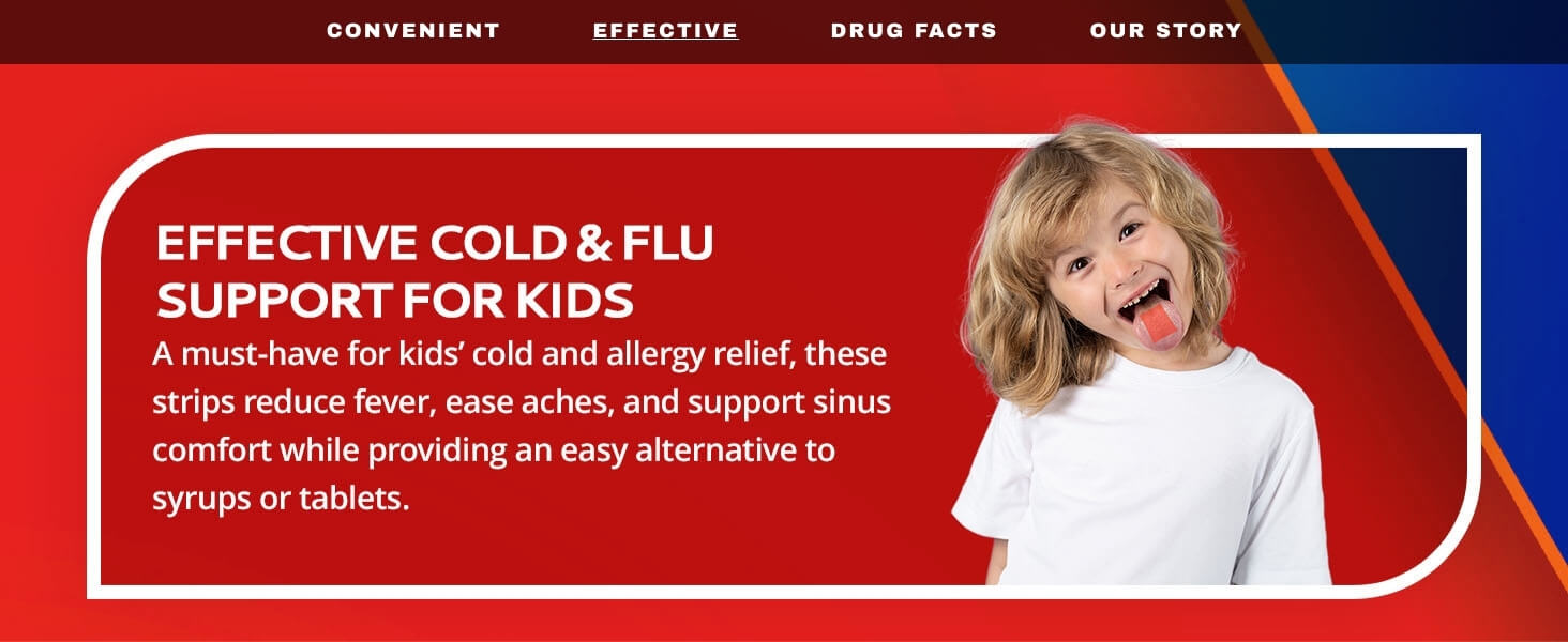 A smiling child with a dissolving strip on their tongue next to text about cold and flu support
