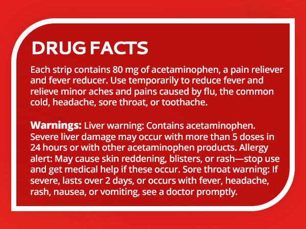 Official drug facts listing the active ingredient as 80mg of Acetaminophen along with warnings and usage info