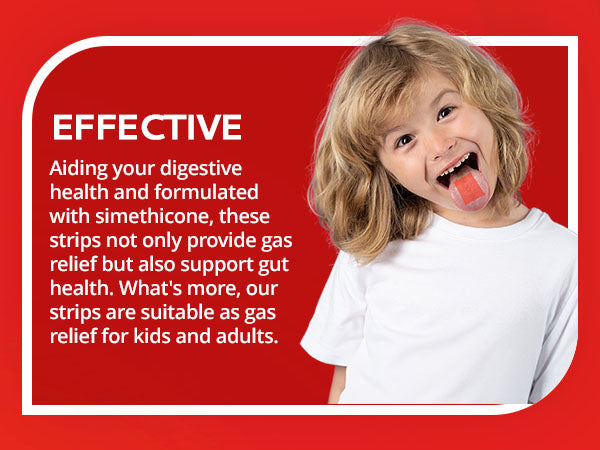 A smiling child with a dissolving strip on their tongue next to text about cold and flu support