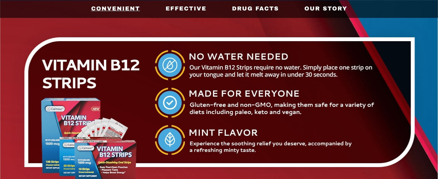 Graphic highlighting that Calmour B12 strips are mint-flavored, gluten-free, non-GMO, and require no water