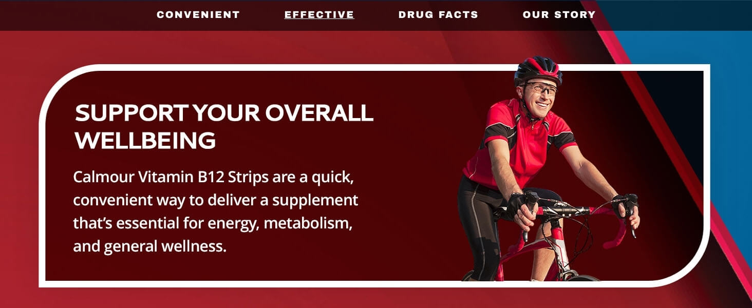 A man cycling outdoors with text stating Calmour B12 strips are an essential supplement for energy and general wellness