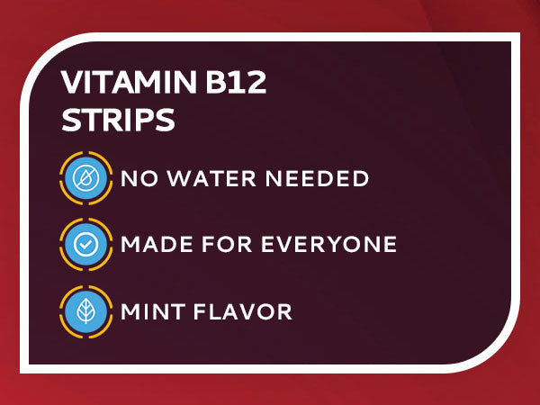Graphic highlighting that Calmour B12 strips are mint-flavored, gluten-free, non-GMO, and require no water
