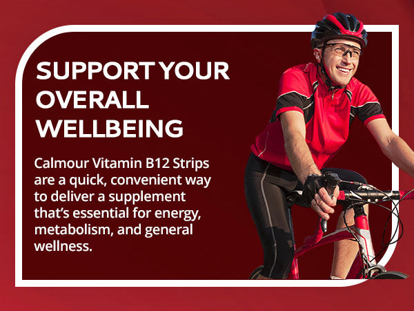 A man cycling outdoors with text stating Calmour B12 strips are an essential supplement for energy and general wellness