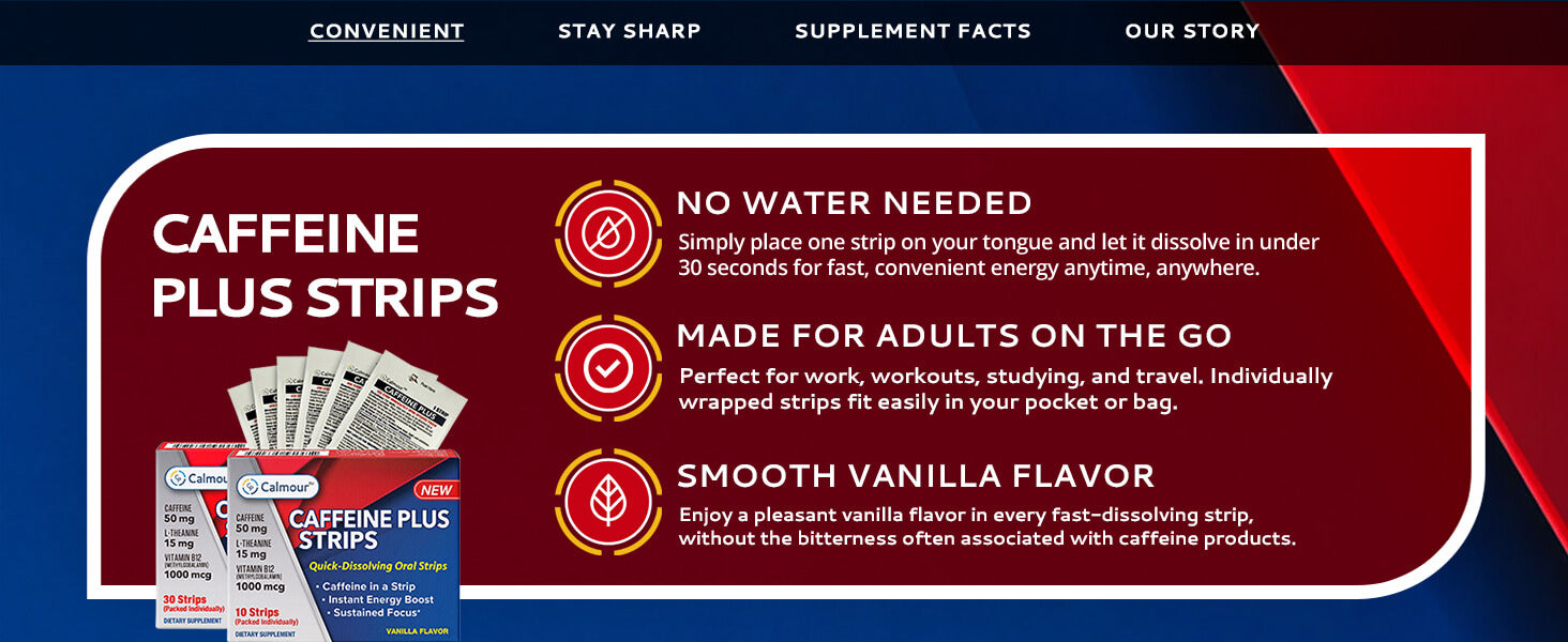 Calmour Caffeine Plus Strips featuring no water needed, individually wrapped strips for adults on the go, and smooth vanilla flavor.