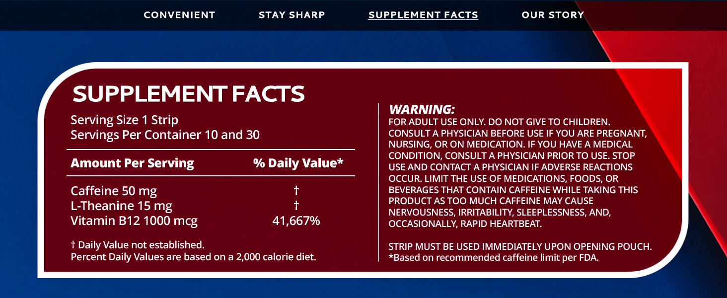 Supplement Facts panel for Calmour Caffeine Plus Strips showing 50 mg caffeine, 15 mg L-theanine, 1000 mcg vitamin B12, and product warnings.